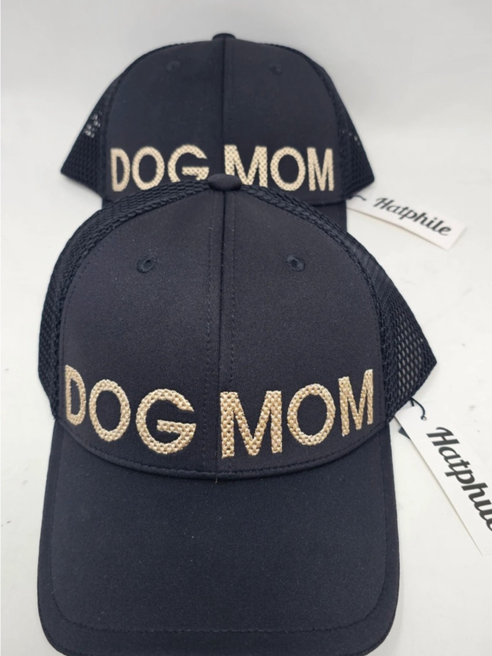 Dog Mom Embroidered Hat in Black with Gold Letters